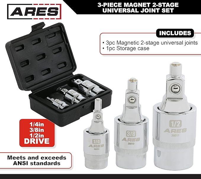 ARES 36006-3-Piece Magnetic 2-Stage Universal Joint Set – 2-Stage Design Changes Socket from Swivel to Fixed Position - 1/4-Inch, 3/8-Inch, and 1/2-Inch Drive – Magnet Tips for Use with Bolts