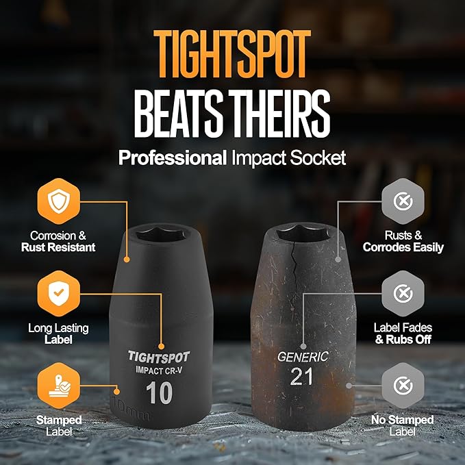 TIGHTSPOT 1/2 Inch Drive 10mm Shallow Impact Socket with Anti-Rounding 6 Point Design, Heat-Treated CRV Steel