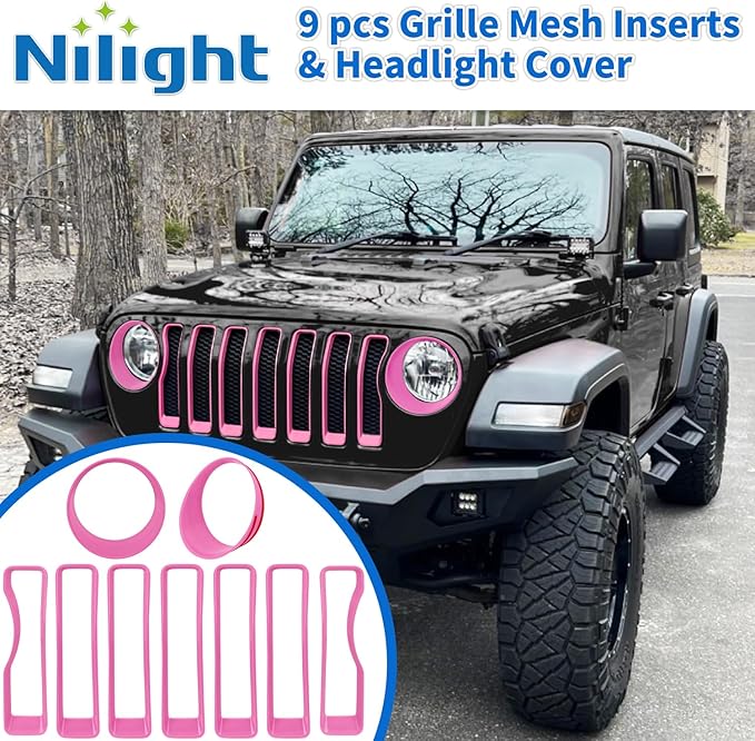Nilight Grill Inserts fit for Jeep Wrangler Front Grille Inserts Headlight Cover Set for JL JLU Unlimited Sport SportS 2018 2019 2020 2021 2022 2023 Grille Bezels Trim Exterior Accessories Pink 9 Pcs