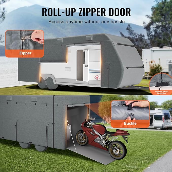 VEVOR Travel Trailer Cover, 28-31 ft RV Cover, Top 300D Oxford Fabric Camper Cover, Waterproof, Windproof and Rip-Stop Class A RV Cover, with Storage Bag, Repair Patches, Straps and Tire Covers