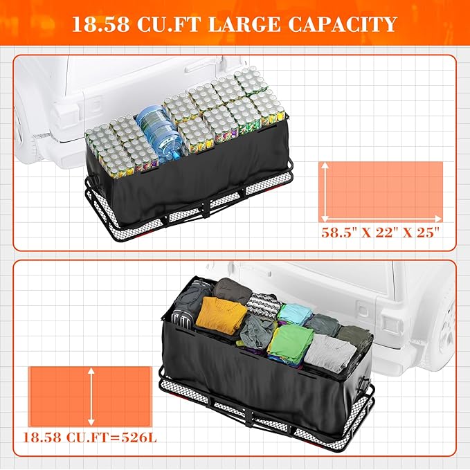 Hitch Cargo Carrier Basket Combo 60" x 24" x 6" 500 LBS Capacity Vehicle Baskets Fits 2" Receiver with 18.2 Cubic feet Cargo Bag, Hitch Stabilizer, Cargo Net and Ratchet Straps