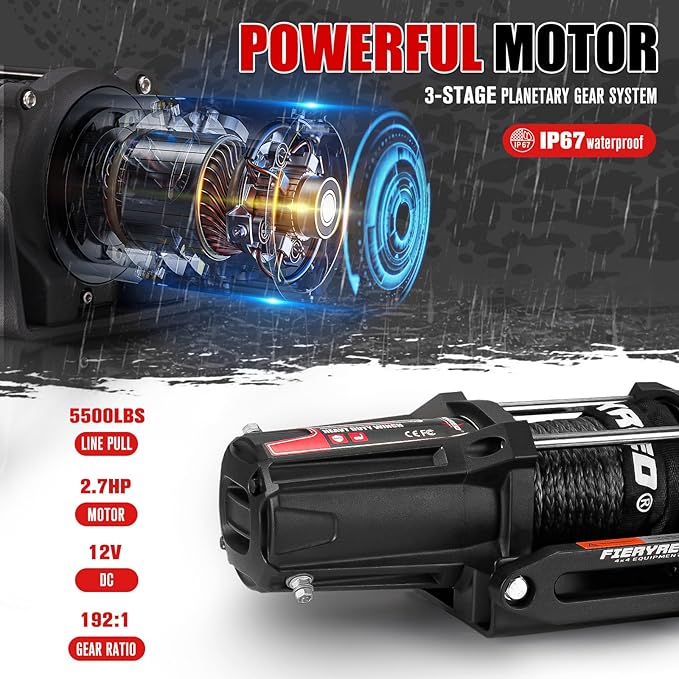 FieryRed ATV/UTV Winch 12V 5500 lb Electric Winch with Synthetic Rope, with Wireless Remote Control Hawse Aluminium Fairlead & Mounting Bracket, Waterproof IP67
