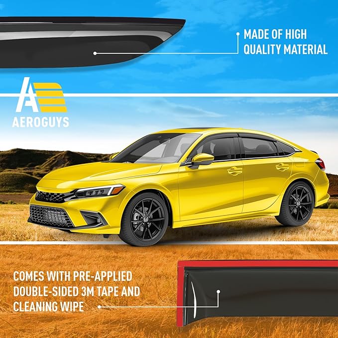 Extra Durable Window Deflectors Tape-On Window Visors Rain Guards Fit for Honda Civic 2022-2026 Sedan, Sun Visors, Wind Vent for Shades, Exterior Car Accessories - 4pcs. AG0472