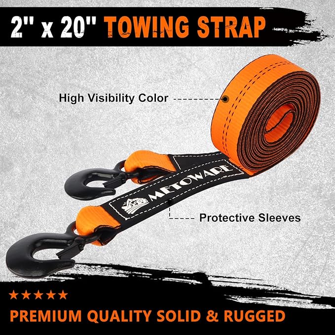 METOWARE Tow Strap with Hooks - 2" x 20ft(10,000lbs) Tree Saver Winch Strap - Emergency Recovery Tow Strap Winch Extension Rope with Forged Steel Hooks - for Truck, SUV, ATV