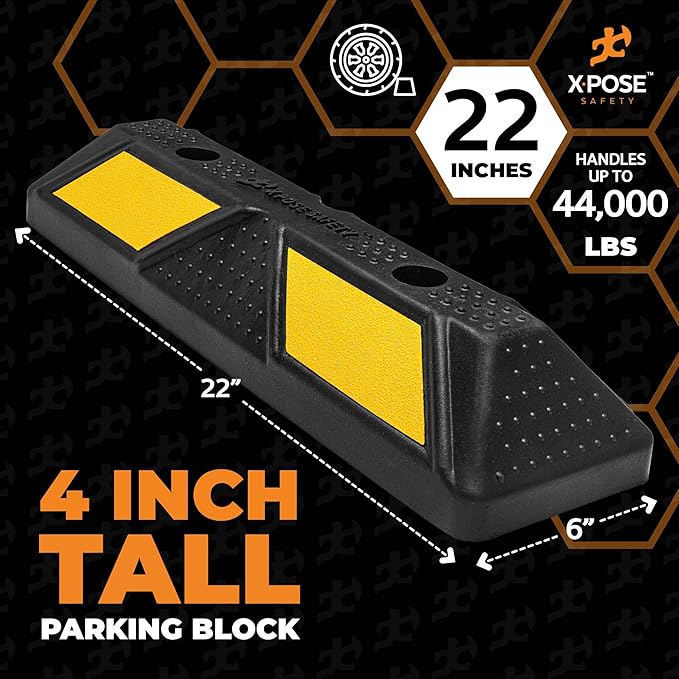 Xpose Safety 22" Heavy Duty Rubber Parking Stopper – Bulk Full Pallet 50 Pack Wheel Blocks for Garage, Driveway, or Ramp – Car Bumper Stop with Yellow Reflective Strips – Removable Floor Mount