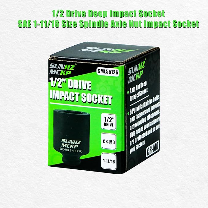SUNHZMCKP 1/2" Drive Impact Socket, SAE 1-11/16 In Deep 6 Point, CR-MO, Axle Nut Impact Grade for Easy Removal