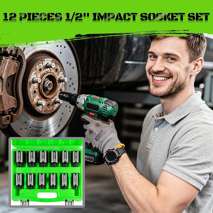 1/2 Inch Drive Deep Impact Socket Set,12 PCS Extended Socket Set, 6-Point Metric Size 27mm, 28mm, 29mm, 30mm, 32mm, 33mm, 34mm, 35mm, 36mm, 38mm, 39mm, 41mm Socket, Cr-Mo Steel,Heavy Duty Socket Set