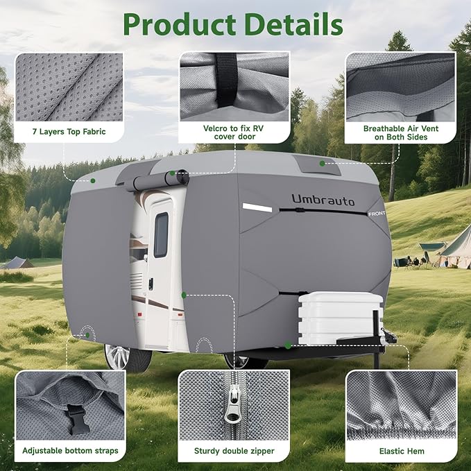 Umbrauto Fiberglass Travel Trailer Cover Fits 8'-10' Trailers, 2023 Upgraded 7 Layers Top Camper RV Cover with Windproof Strap,Adhesive Repair Patches