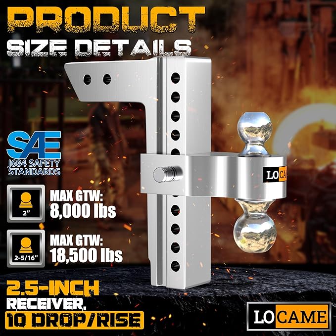 LOCAME Adjustable Trailer Hitch, Fits 2.5-Inch Receiver Only, 10-Inch Drop/Rise Aluminum Drop Hitch,18,500 LBS GTW-Tow Hitch for Heavy Duty Truck with Double Stainless Steel Locks, Silver, LC0009