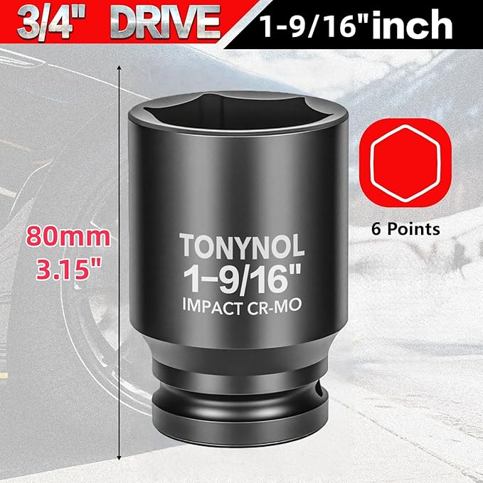 3/4" Inch Drive Deep Impact Socket,6-Point,SAE 1-9/16",80mmL,CR-MO,Heavy-Duty Automotive & Industrial Repair