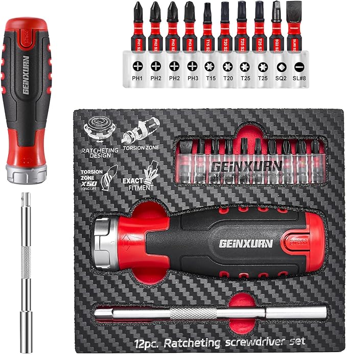 12Pieces Ratcheting Screwdriver Set, 12-in-1 Multi-bit Magnetic Screwdriver Quick-Load Mechanism, S2 Steel Phillips, Slotted, Torx, Square Bits, Impact Bit Holder with Eva Foam Storage Tray