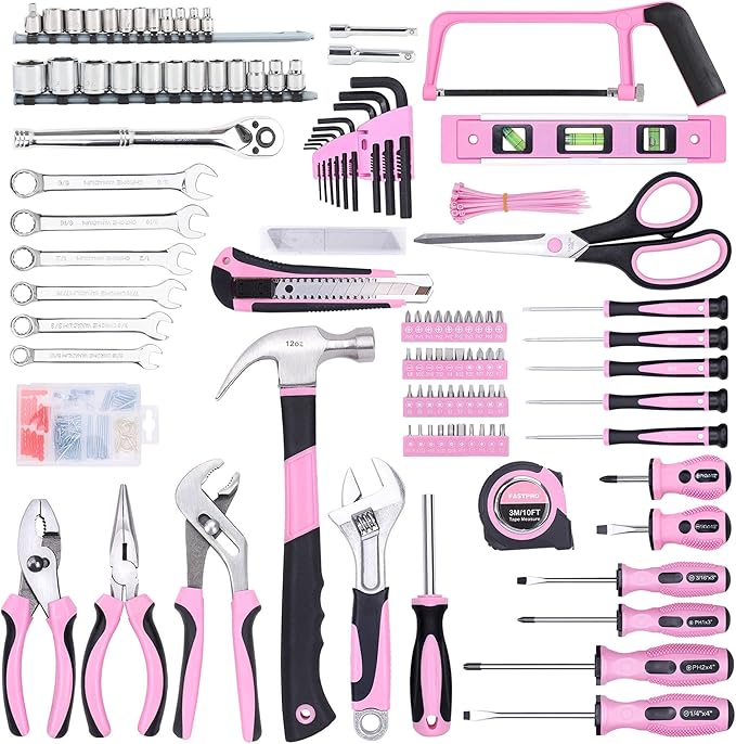 FASTPRO 267-Piece Pink Tool Set, Home Repairing Tool Kit with 13-Inch Wide Mouth Open Bag, Mechanics Hand Tool Kit for DIY, Home Maintenance