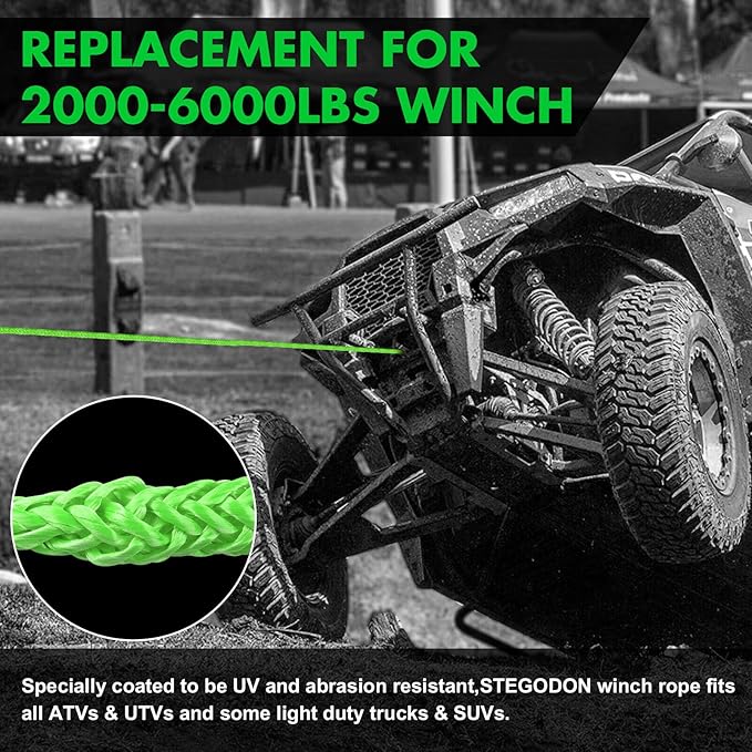 Synthetic Winch Rope, 1/4'' x 50ft 10,000LBS Synthetic Winch Line 1/4 Winch Cable Replacement Synthetic Rope with Forged Winch Hook and Rubber Stopper for 4WD Off Road Vehicle ATV UTV (Green)