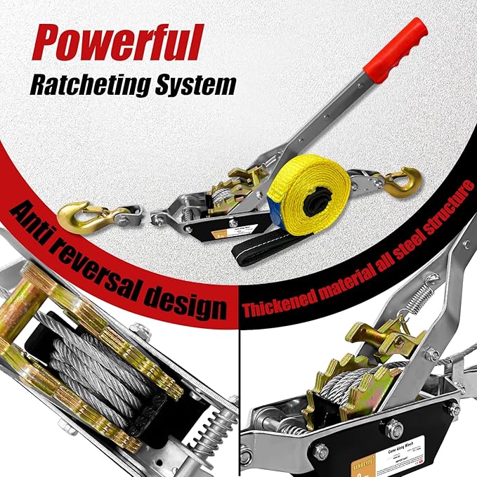 Come Along Winch Heavy Duty, 7FT 2T Come Along Pulling Tool 2 Gears 2 Hooks, Cable Winch Puller, Come Along Power Puller Ratchet Tool for Construction Automotive Farm Fences