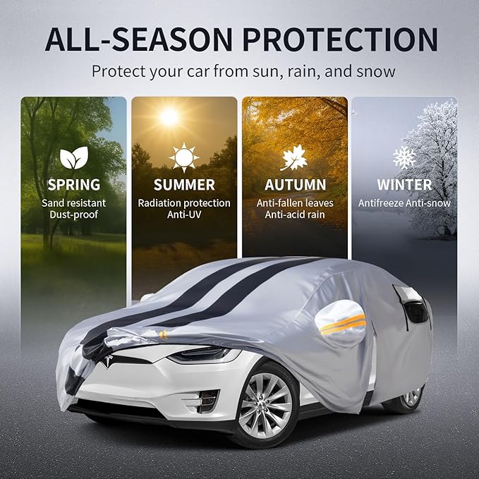 10 Layers Car Cover Custom Fit for Tesla Model X 2015-2026 100% Waterproof All Weather Automobiles, Gift with Towel, Heavy Duty Car Covers for Rain Sun UV Protection with Door Zipper.