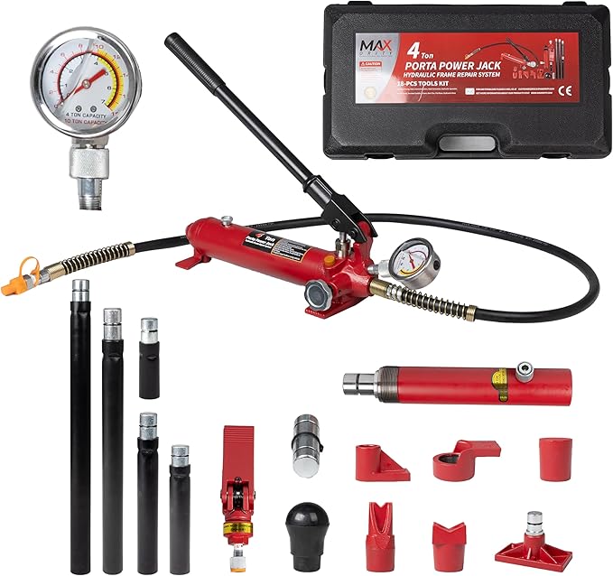 4 Ton (8800 lbs Capacity) Porta Power Jack Hydraulic Ram Auto Body Frame Collision Repair Kit Set, 18-Pcs, with Blow Mold Carrying Case and Gauge