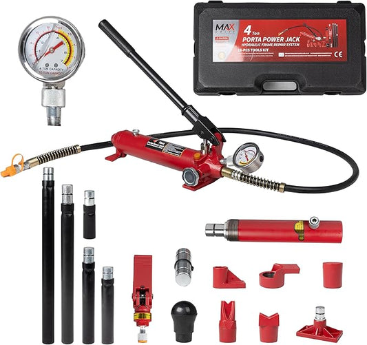 4 Ton (8800 lbs Capacity) Porta Power Jack Hydraulic Ram Auto Body Frame Collision Repair Kit Set, 18-Pcs, with Blow Mold Carrying Case and Gauge