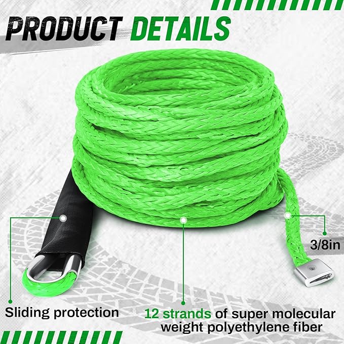 Green Synthetic Winch Rope 3/8'' x 50ft 26, 500 Lbs Synthetic Winch Line Cable Rope with Protective Sleeve for Off Road Vehicle 4WD SUV Truck ATV UTV SUV