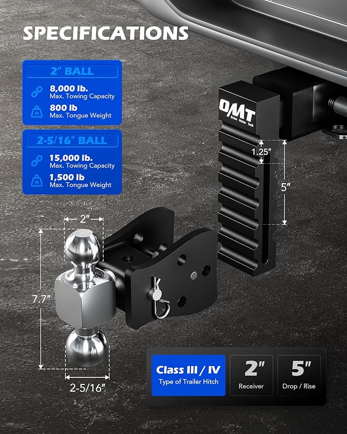 Orion Motor Tech Adjustable Trailer Hitch, Fits 2" Receiver, 5" Drop Hitch with 2" & 2-5/16" Balls, Anti-Theft Steel Tow Hitch Stowable Ball Mount with 15000 lb GTW for Class III & IV Vehicles