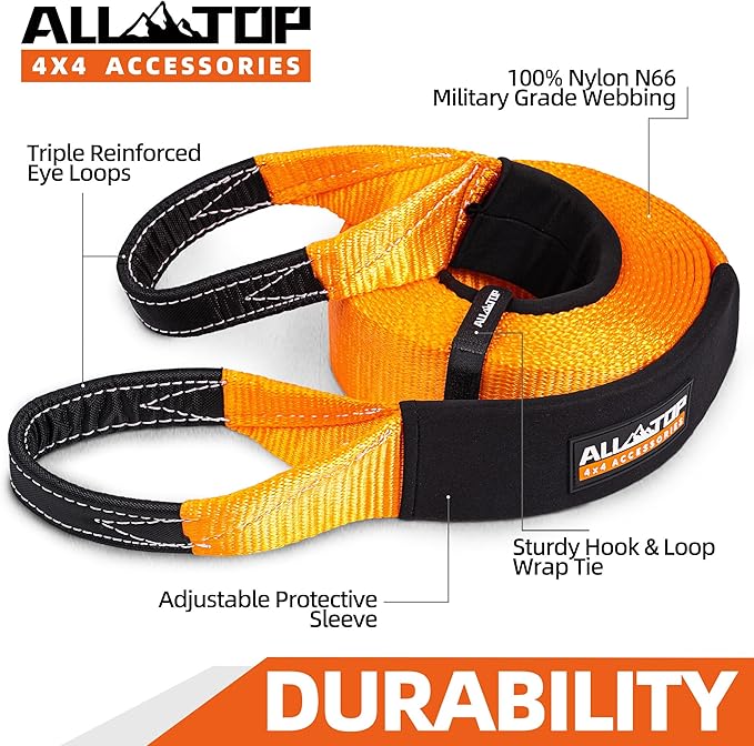 ALL-TOP Recovery Snatch Strap, 4in x 20ft - 46500Lbs, Extreme Duty 100% Nylon Kinetic Towing Recovery Strap with 22% Elongation & Reinforced Loops