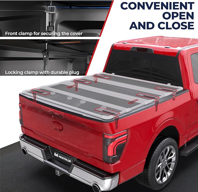 MOSTPLUS Low Profile/Fiberglass Quad Fold Truck Bed Tonneau Cover Hard Folding Compatible with Ford F150/F250/F350 2004-2025 5.5ft/6.5ft