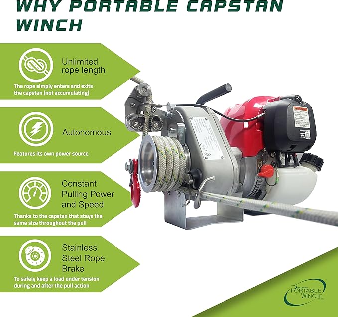 Portable Winch PCW4000-A Gas-Powered Capstan Winch with Accessories - 2,200 lbs Pulling Capacity Winch, Honda GX-50 Engine Portable Gas Winch for Hunting, Logging, and Towing
