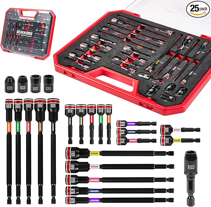 25Pieces Magnetic Nut Driver Set for Impact Drill Metric and SAE Sizes with Plastic Tool Box Storage, Built for Professional & DIY Projects