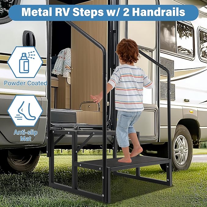 RV Steps w/Dual Handrails, 2 Step Spa Hot Tub Steps with Anti-Slip Pedals, 400lbs Load Capacity, Universal Portable Mobile Home Stairs Steps for 5th Wheel RV, Spa, Porch, Pool, Travel Trailers