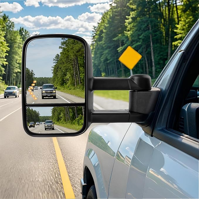 DWVO Power Heated Tow Mirrors for 2007-2014 Chevy Silverado GMC Sierra, Replacement Mirror Set with Turn Signal, Dual Glass, and Telescoping Design, Black