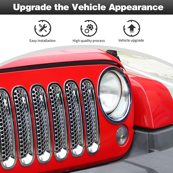 CheroCar for JK Mesh Grille Grill Insert & Headlight Cover Trim Exterior Accessories for Jeep Wrangler JK 2007-2017,Chrome…