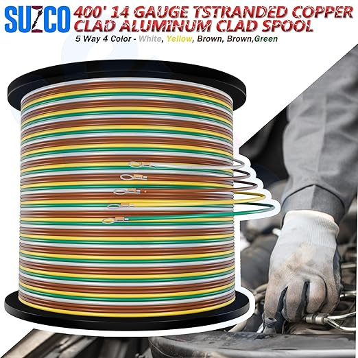 SUZCO 400Ft Enough 14AWG CCA【2-Brown-Wires】 4 Color-Coded 4-Way 5-Wire Bonded Trailer RV Camper Towing Hitch Wiriing Spool, 5-Flat Wishbone SAE J1128 for All Basic Wire Trailers