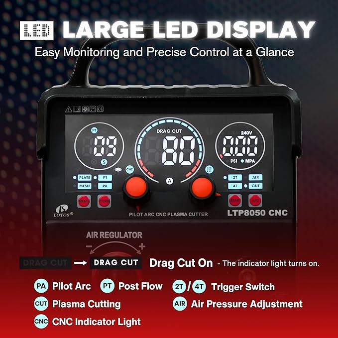 Series LTP8050 CNC | 80A Blowback Plasma Cutter, THC/ARC OK, Drag-Cut, 1" Clean (1.5" Sever), 220V, LED Display & Front Regulator, Air Filter for CNC Table