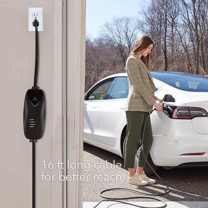 Lectron Level 1 Tesla Charger - 110V, 15 Amp, NEMA 5-15 Plug, 16 ft Extension Cord - Portable Electric Car Charger for Tesla - Compatible with All Tesla Models X/Y/3/S