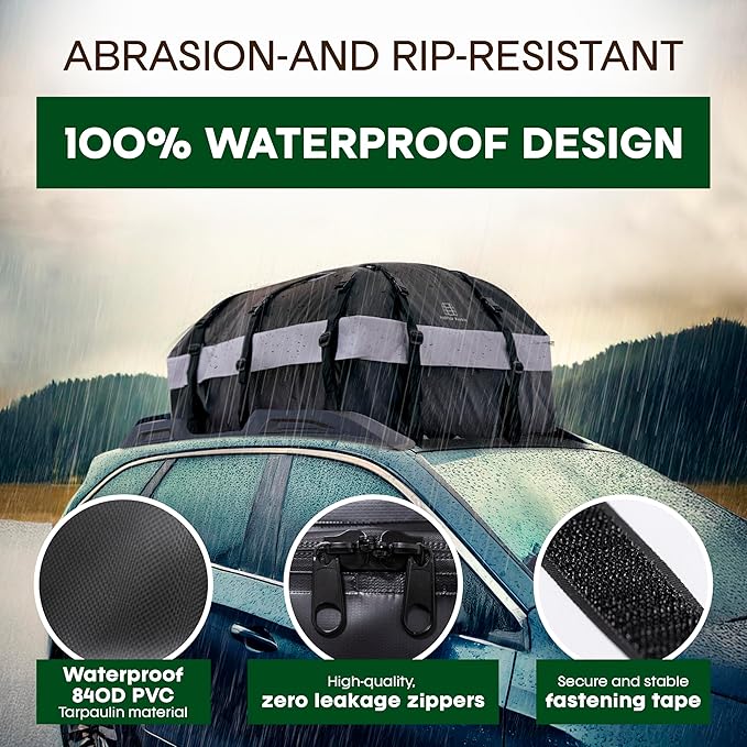 21 Cubic Feet Car Rooftop Soft Shell Cargo Carrier, 100% Waterproof - Car Storage for All Vehicle with/Without Racks - Attached Anti Slip Mat, Storage Bag, 6 Door Hooks and 6 Straps