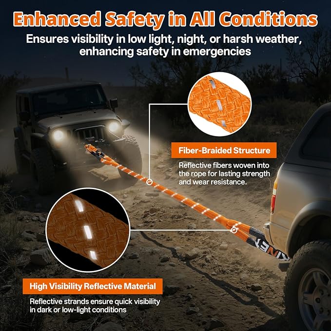 Kinetic Recovery Tow Rope - 1.26" x30FT 55000LBS Reflective Heavy Duty Snatch Strap Kit with Soft Shackles for Offroad Pulling Truck SUV UTV ATV Car Jeep - Orange