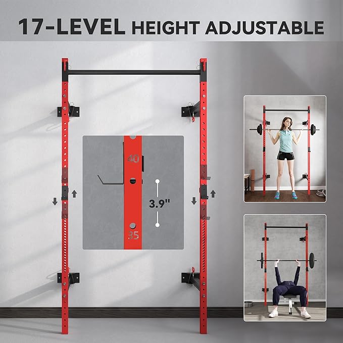 Soozier Folding Squat Rack with Adjustable Pull-Up Bar, 1000 Pounds Capacity Wall Mounted Power Rack, Adjustable Barbell Rack with J Hooks for Home Gym Full Body Workout