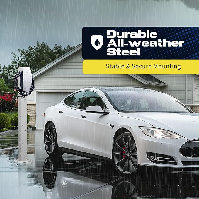 EV Charger Pedestal Outdoor Stand, EV Post for Tesla Wall Connector Gen 3, Compatible with J1772 EV Chargers, Heavy Duty Charging Station Pole, White