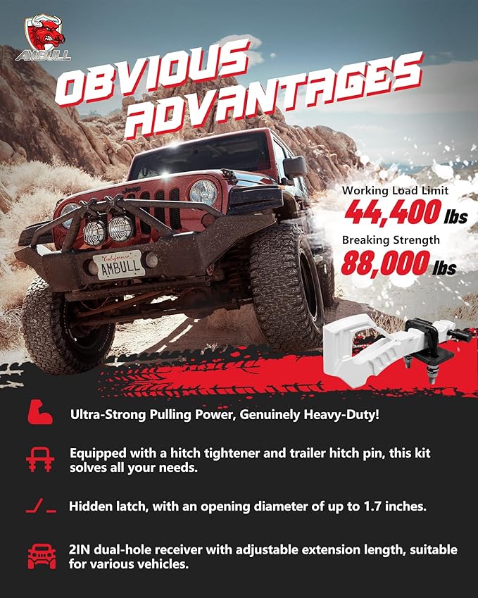 Truck Hitch - 2" Receiver Hitch with Scorpion Tail Tow Hook; 88000 Lbs Break Strength; Drop Forged Steel; White