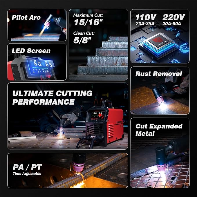 ARCCAPTAIN 60A Plasma Cutter, Non-Touch Pilot Arc Plasma Cutting Machine, 110V/220V, Upgraded Large LED Display, Plate Cutting, Expanded Metal Cutting, Rust Removal, Air Pressure Detection