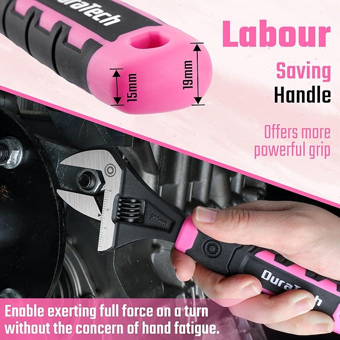 DURATECH 8-Inch Adjustable Wrench, Wide Jaw Opening Plumbing Wrench, CR-V Steel, SAE and Metric Scale Marked, Ergonomic Grip