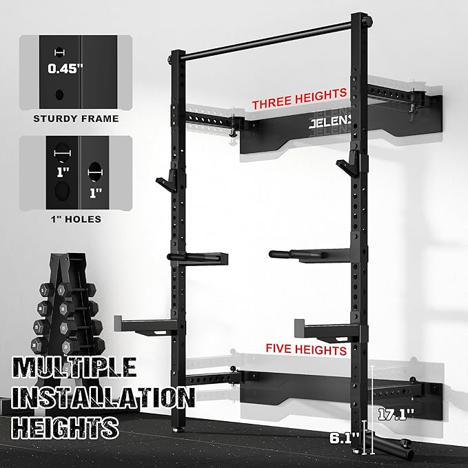 Folding Squat Rack, Wall Mounted Power Rack for Home Gym, Space Saving Multi-Functional Power Cage with Attachments