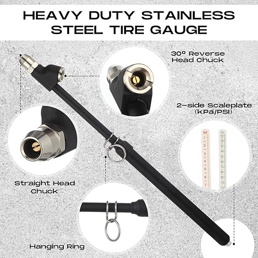 Tallew 10 Pack Tire Pressure Gauge Black Heavy Duty Air Pressure Tire Gauge Dual Head Semi Truck Tire Pressure Gauge Range 10-150 PSI, Extended Tube Tire Gauge Suitable for Semi Truck, and Bus