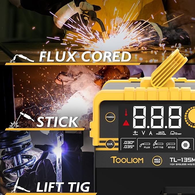 TOOLIOM 135A Gasless Flux Core MIG Welder 110V MIG Welder Flux MIG/Lift TIG/Stick 3 in 1 Welding Machine IGBT DC Inverter with LCD Display