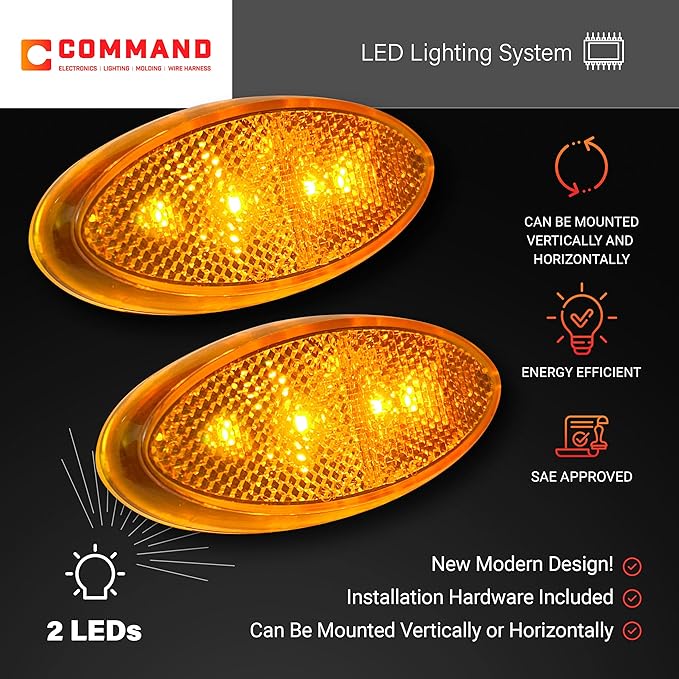 Command Electronics OEM 12V LED RV & Trailer Oval Clearance Light with Built-in Reflex – Made in USA – Surface Mount – Amber – 2-Pack