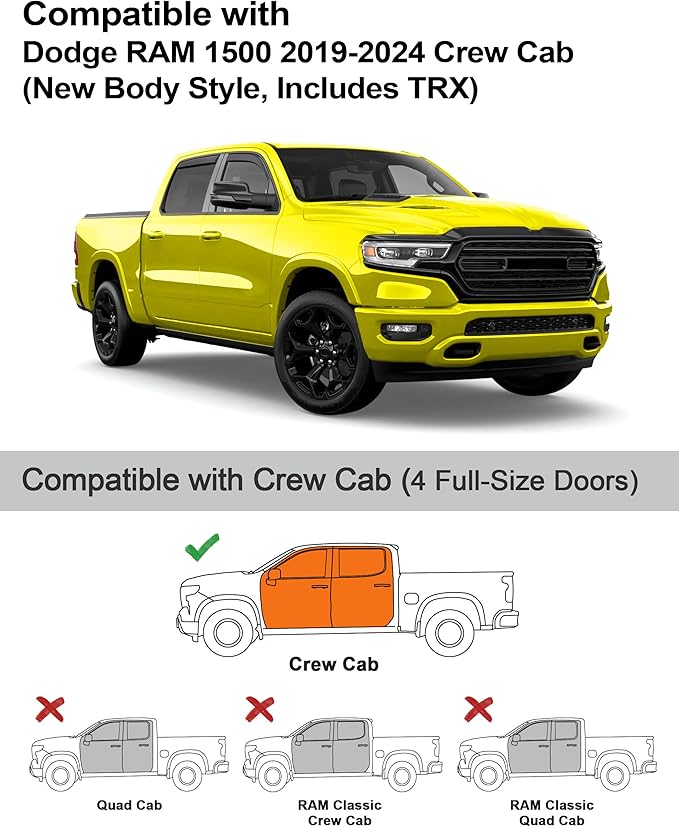 in-Channel Window Rain Guards Fit for Dodge RAM 1500 Crew Cab (New Body Style Includes TRX) 2019-2026 Rain Guard Extra Durable Window Deflectors Vent Visors Vent Shades Truck Accessories