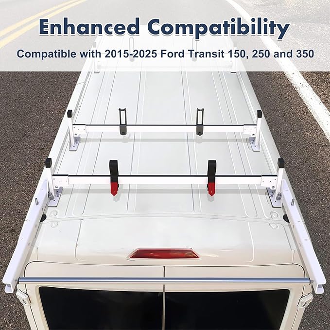 Cargo Van Roof Ladder Rack Fit for 2015-2025 Ford Transit 150 250 350 with Rear Cargo Roller 800LB Steel White