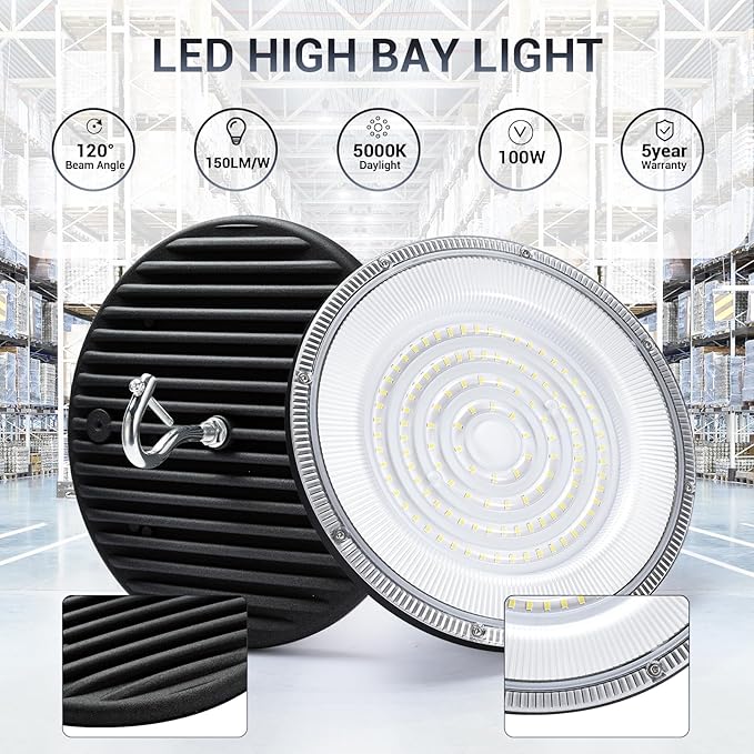 100W UFO Led High Bay Light,IP66 Waterproof,120VAC,15050LM 5000K Daylight Area Lighting,with Plug Commercial Bay Lighting for Warehouse/Shop/Workshop/Barn/Gym/Factory