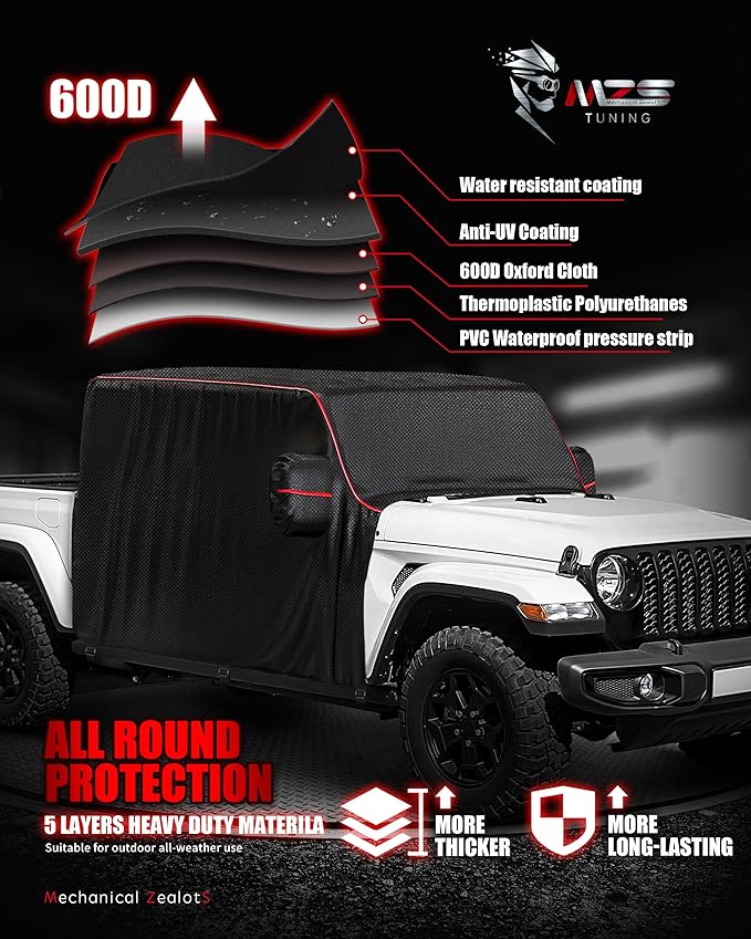 MZS Cab Cover Compatible with Gladiator JT 4 Door 2020-2026, 600D Waterproof Gladiator Cover with Driver Door Zipper 6 Gust Hook Car Half Cover Windproof Sun Snow Rain Scratch Protection Cover