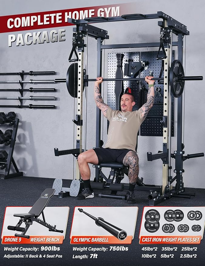 Major Fitness Drone3 Smith Machine – All-in-One Home Gym Squat Rack with Weight Bar, Cable Crossover Machine – Heavy-Duty Fitness Equipment for Strength Training and Full-Body Workouts