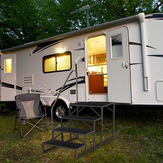 4 Step Ladder, Anti-Slip Hot Tub Steps with Handrail, Upgrade RV Step Stool, 660lbs Anti-Slip Mobile Home Stairs Porch Steps for Indoor Outdoor